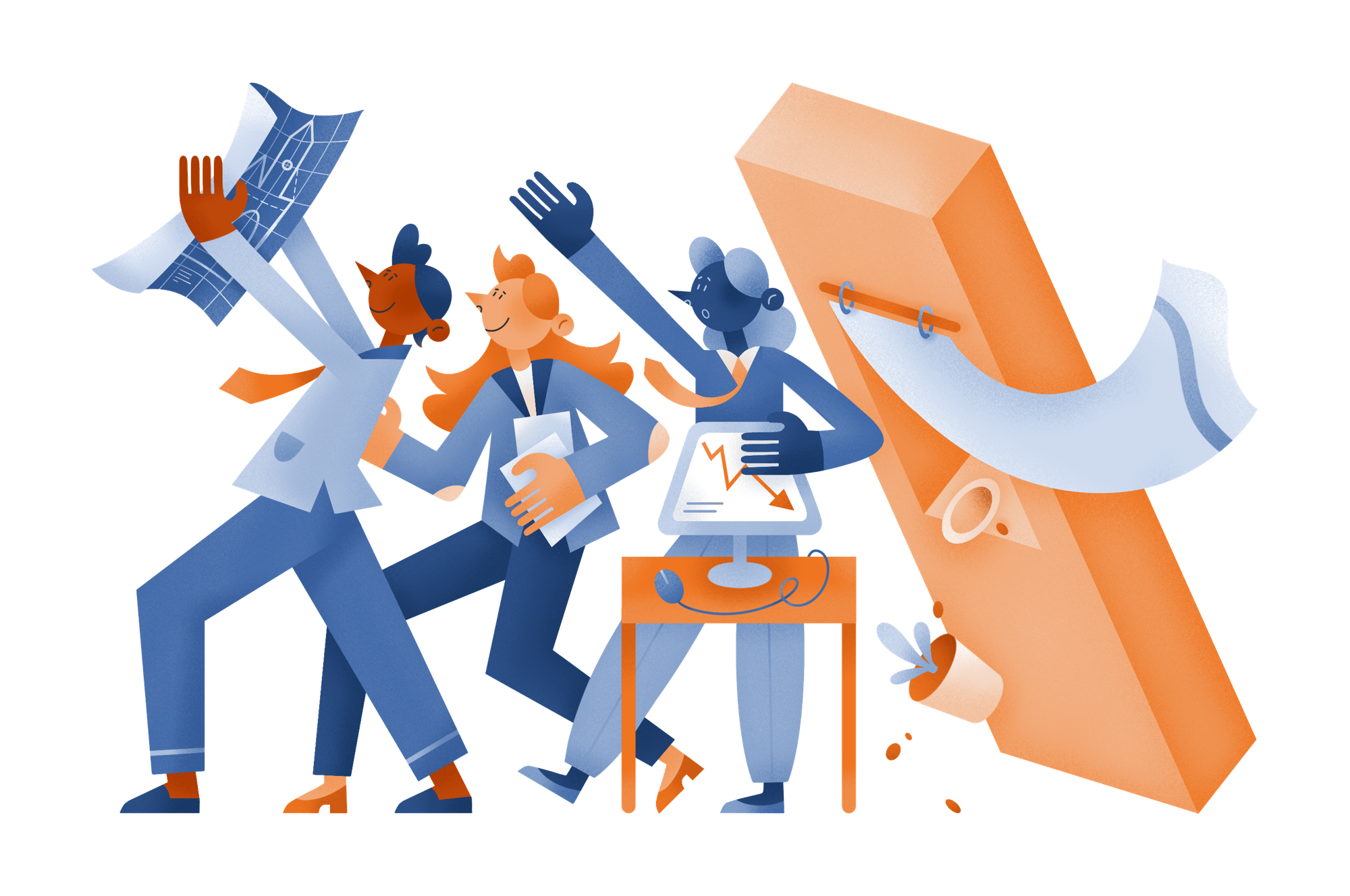 Illustration of leaders focused on plans and data while a wall collapses on them.